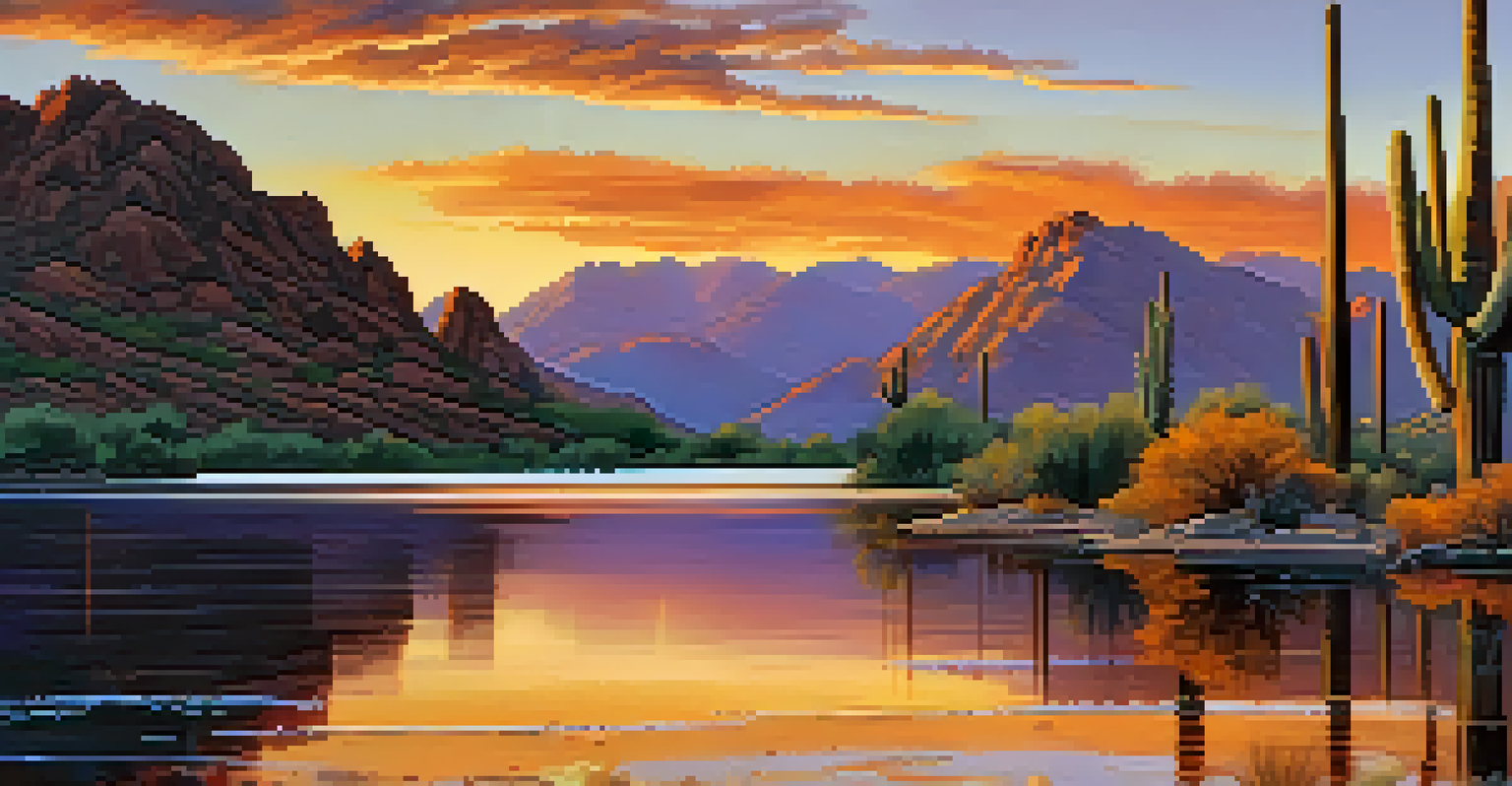 A serene sunset at Saguaro Lake, with reflections of the colorful sky and tall cacti surrounding the water.