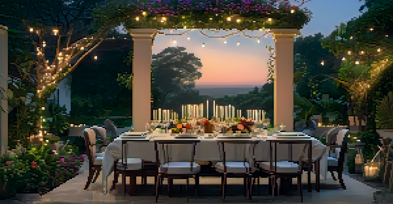 An elegant outdoor dining setup at dusk with fine dining settings, candlelight, and local cuisine dishes surrounded by a lush garden.
