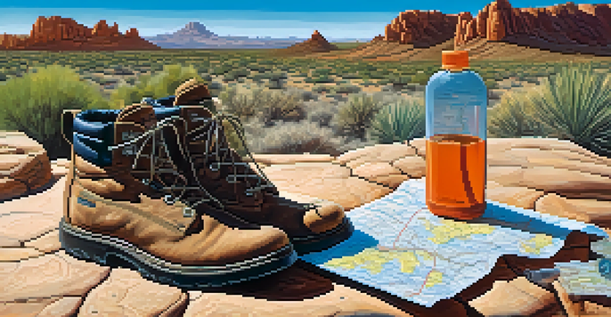 A scenic view of hiking trails in Scottsdale with hiking boots, a water bottle, and a trail map on a rocky path under a clear blue sky.