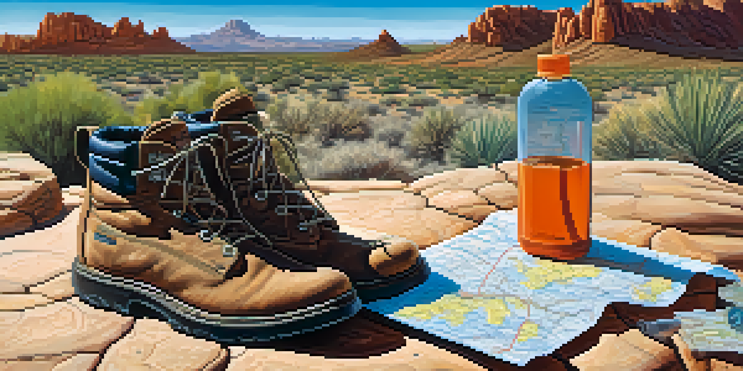 A scenic view of hiking trails in Scottsdale with hiking boots, a water bottle, and a trail map on a rocky path under a clear blue sky.