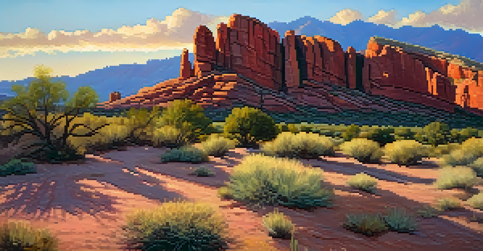 The red rocks of Scottsdale illuminated by golden hour light, showcasing deep shadows and vibrant colors against a colorful sky.