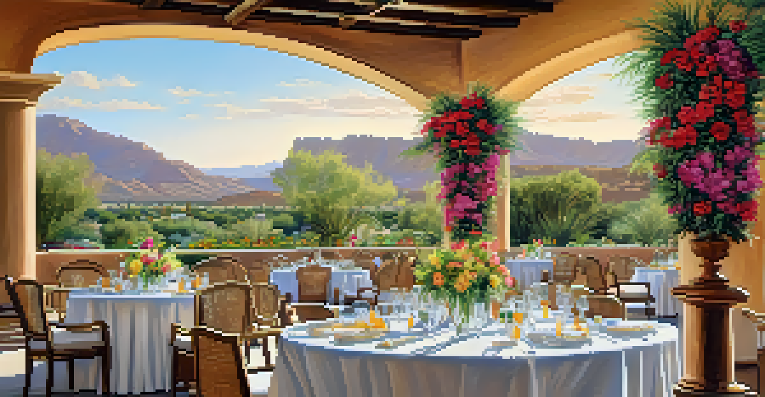 Guests dining outdoors at The Phoenician, enjoying a beautiful view of desert landscapes and colorful flowers.