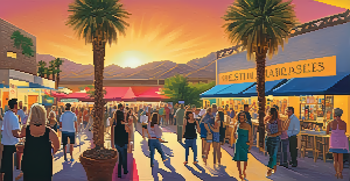 A lively street scene depicting Scottsdale's ArtWalk, showcasing colorful art galleries, interacting artists, and visitors enjoying the atmosphere under a warm sunset glow.