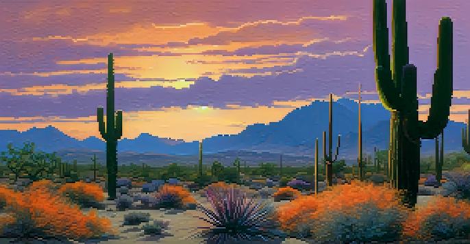 A scenic view of the Scottsdale desert at sunset, with cacti and ocotillo plants under a colorful sky.