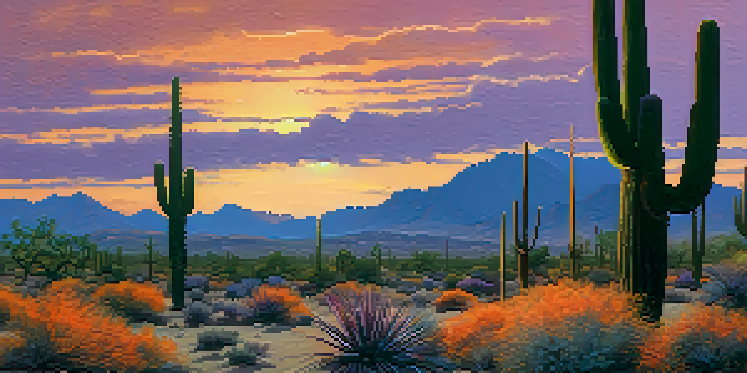 A scenic view of the Scottsdale desert at sunset, with cacti and ocotillo plants under a colorful sky.