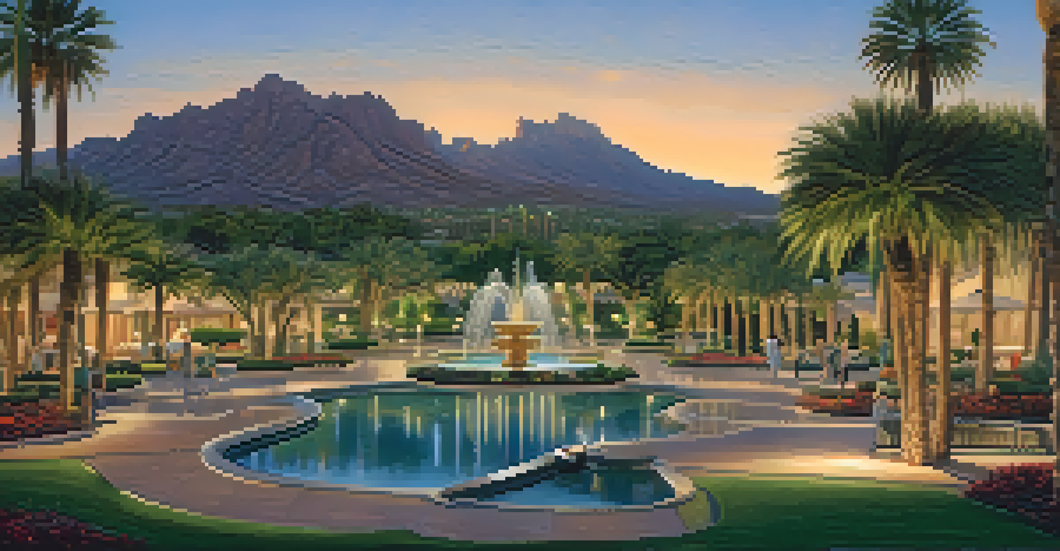 A luxurious garden scene at The Phoenician resort with fountains, pools, and Camelback Mountain in the background during golden hour.