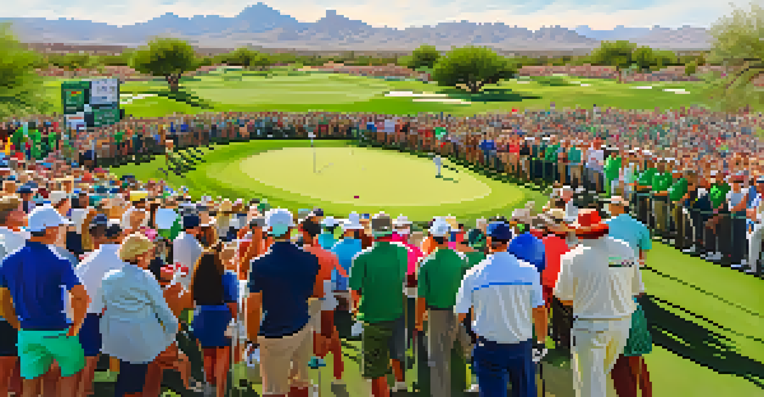 Spectators cheering at the Waste Management Phoenix Open as players putt on the green, with desert scenery in the background.