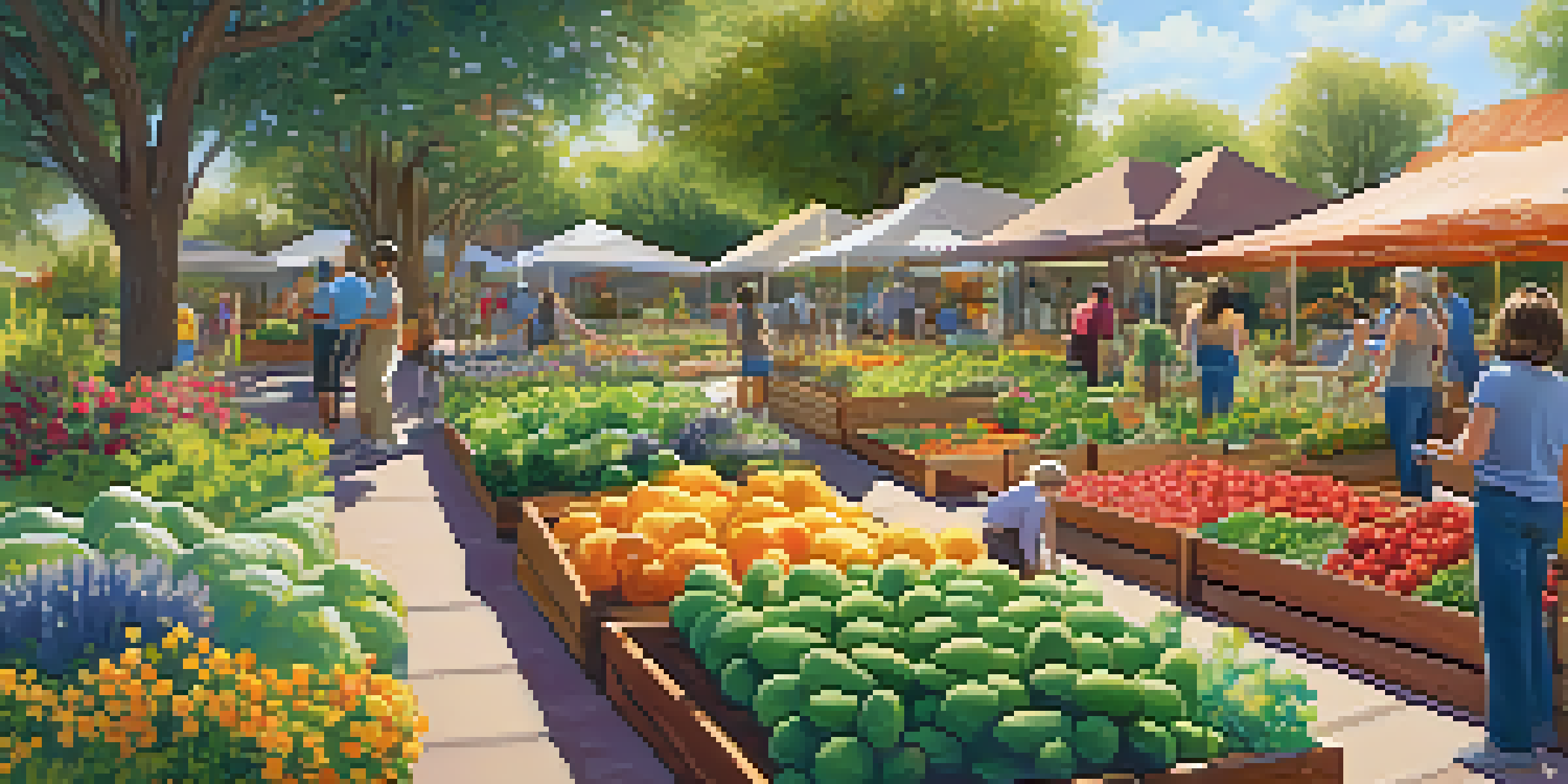A community garden filled with colorful vegetables and flowers, with people gardening in the warm sunlight.