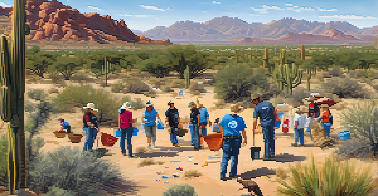 Volunteers participating in a clean-up event in the desert, surrounded by native plants.