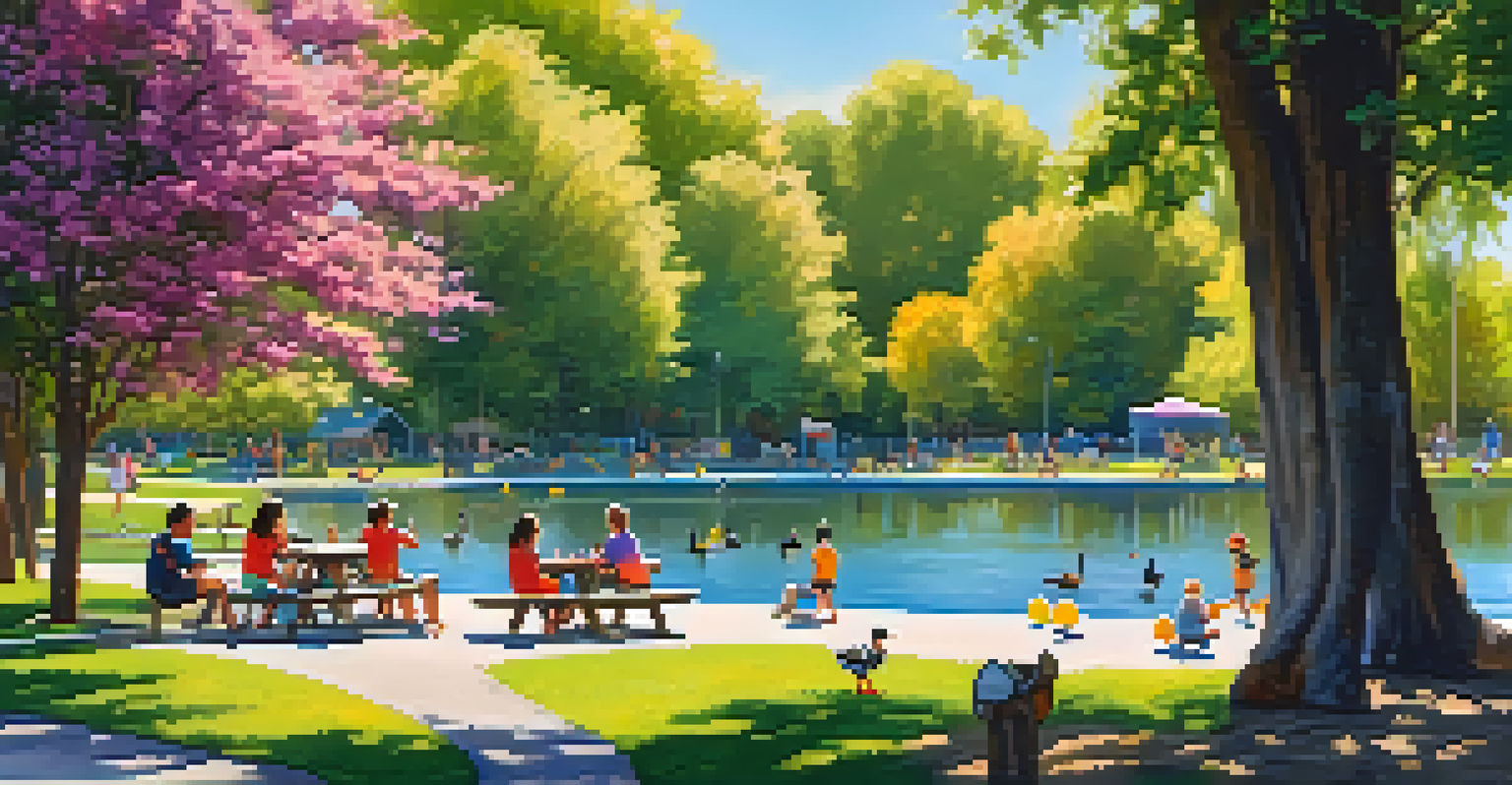 A family picnic at a park with children playing and ducks swimming in a lake, surrounded by trees and flowers.