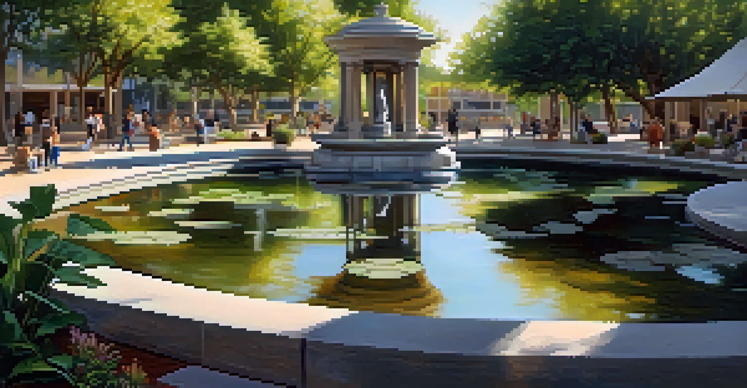 A calm area in Scottsdale's Civic Center Mall with a water feature, plants, and sculptures under soft sunlight.