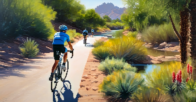 A cyclist riding along a scenic canal trail in Scottsdale, with greenery and mountains in the background under a bright sun.
