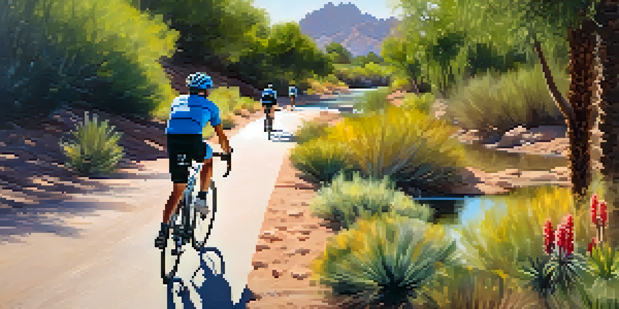 A cyclist riding along a scenic canal trail in Scottsdale, with greenery and mountains in the background under a bright sun.