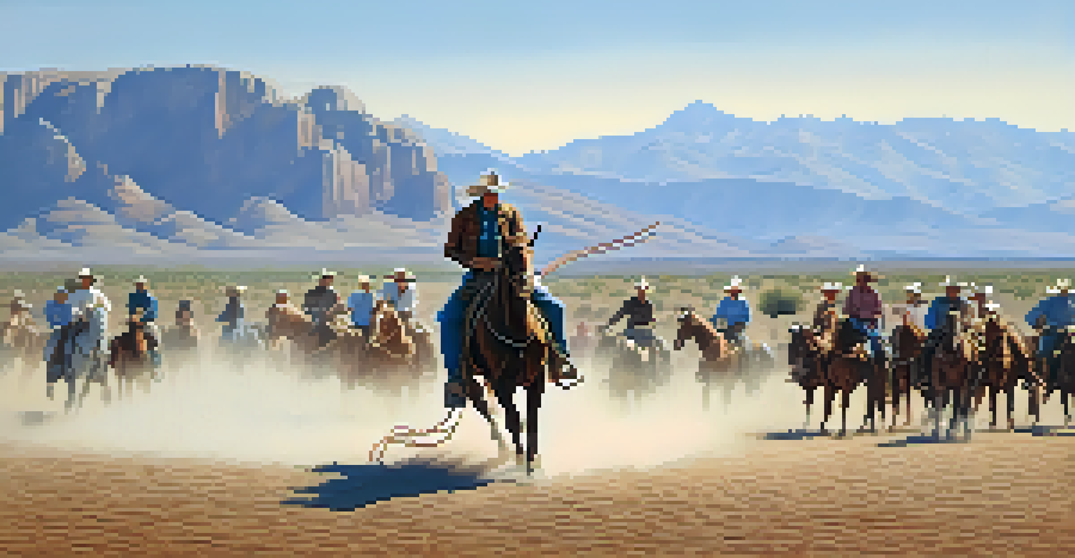A cowboy demonstrates roping skills at a rodeo, with mountains and a blue sky in the background.