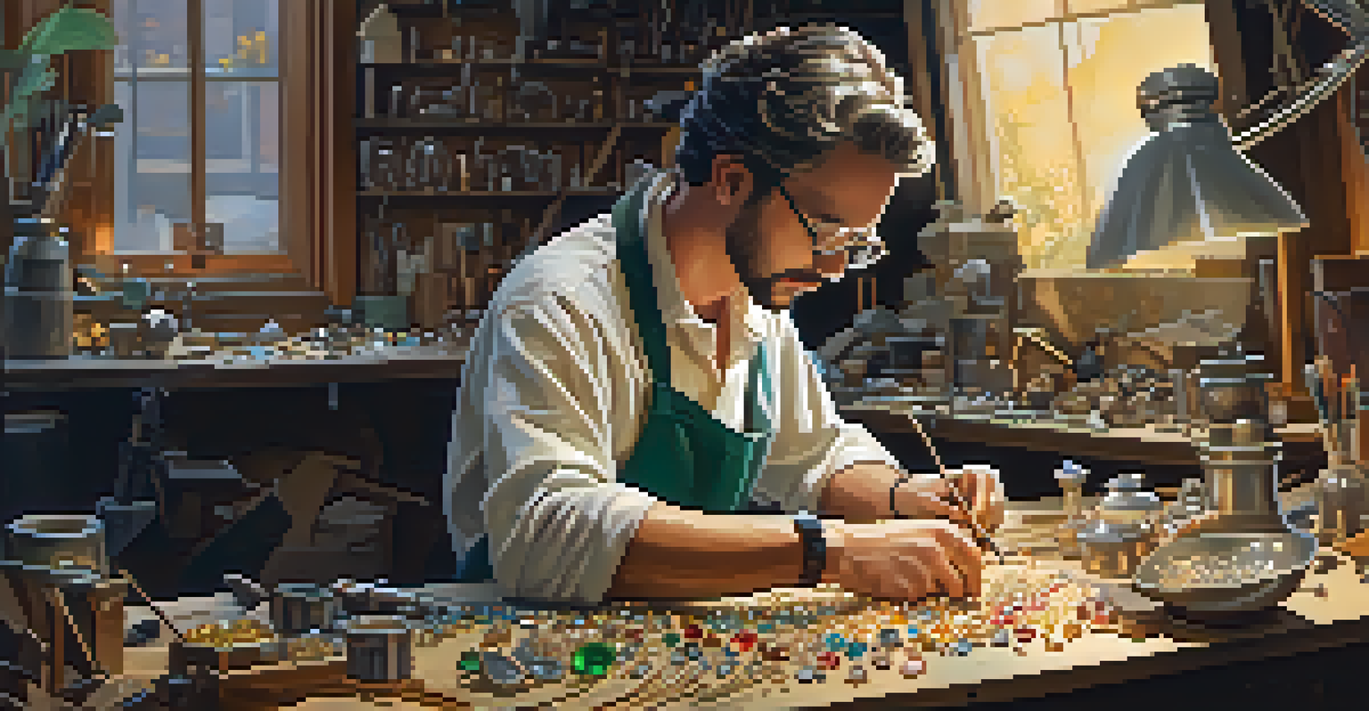 An artisan jeweler crafting jewelry in a studio filled with tools and colorful materials, captured in warm lighting that adds a cozy feel to the scene.
