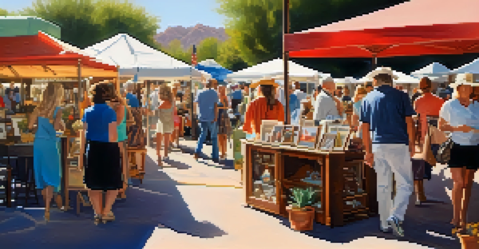 An outdoor antique market with colorful booths and visitors exploring various antiques under bright sunlight.