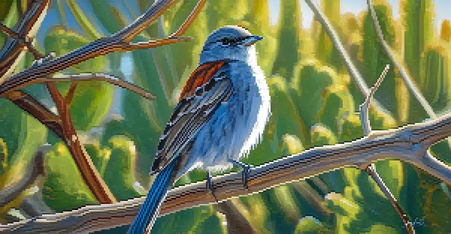 A local bird perched on a branch in the McDowell Sonoran Preserve, surrounded by vibrant desert plants.