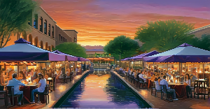 A scenic sunset view of the Scottsdale Waterfront with outdoor dining and people enjoying the atmosphere.