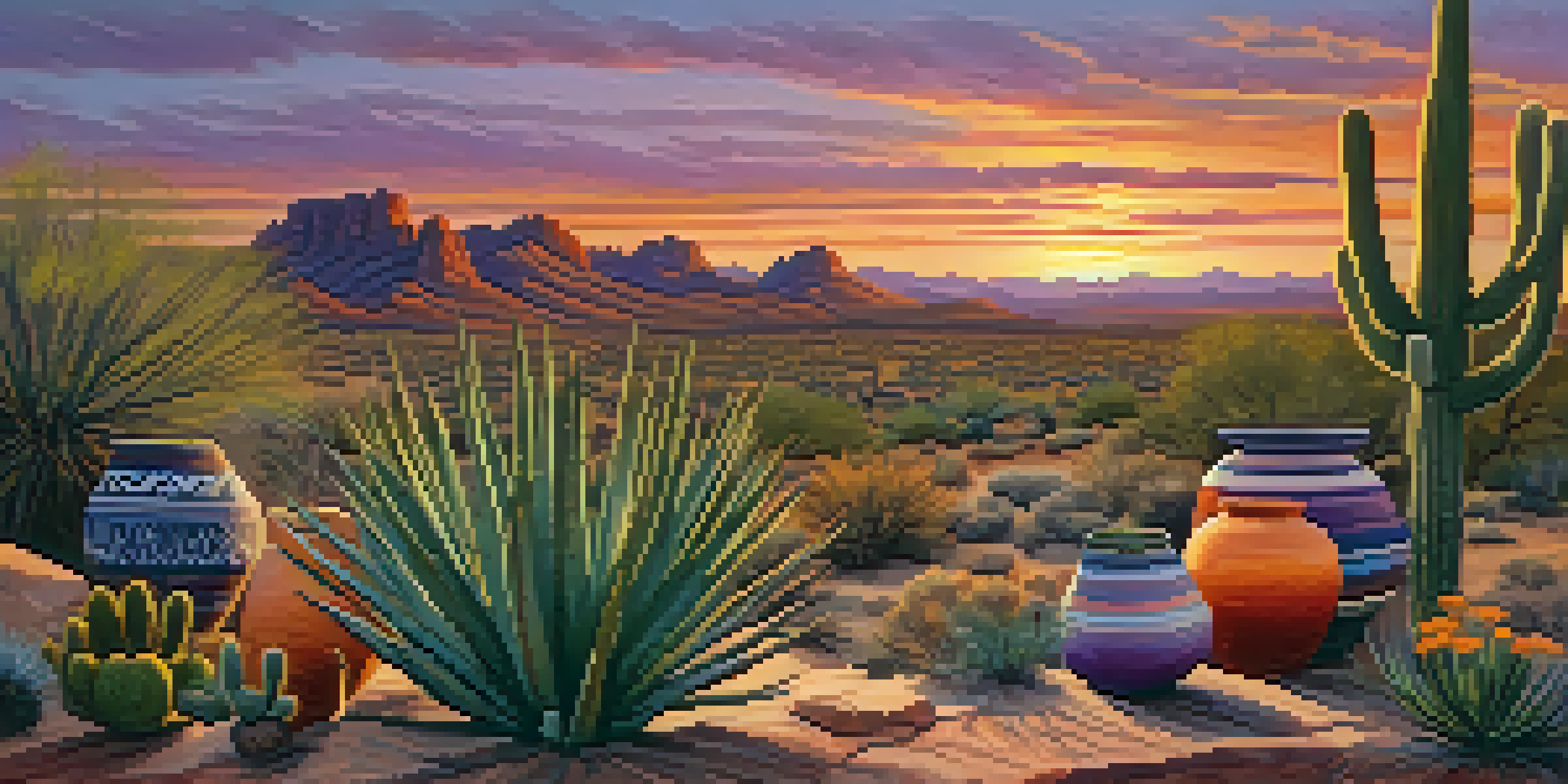 A desert landscape at sunset with Native American pottery and cacti, showing vibrant colors in the sky.