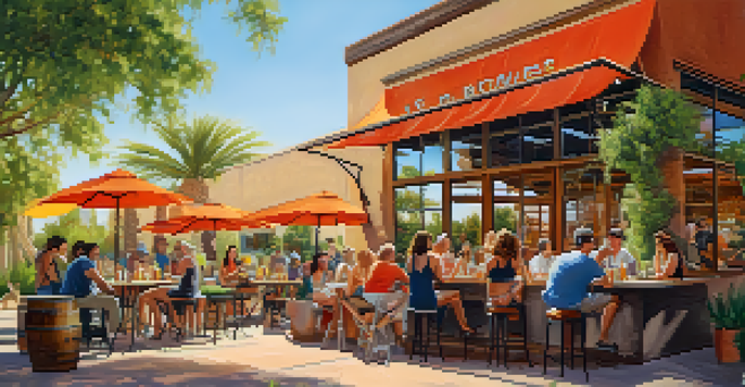 Outdoor scene at a craft brewery with patrons enjoying colorful craft beers and a sunny atmosphere, surrounded by desert plants.