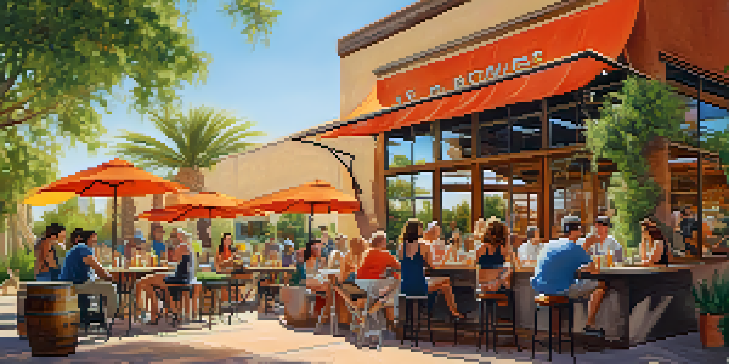 Outdoor scene at a craft brewery with patrons enjoying colorful craft beers and a sunny atmosphere, surrounded by desert plants.
