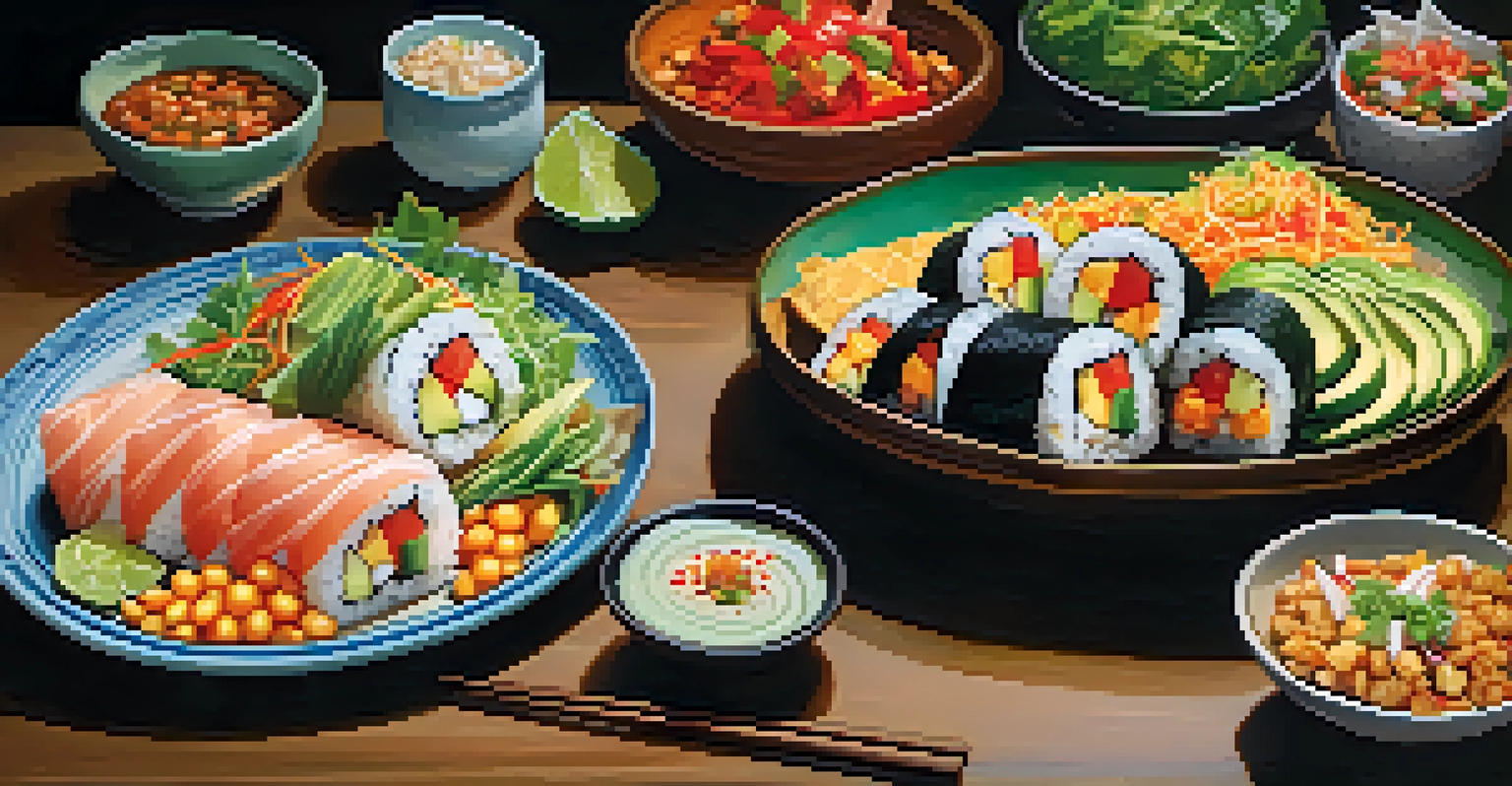 A table showcasing an artistic arrangement of Asian fusion dishes, including sushi burritos and tacos, with vibrant ingredients.