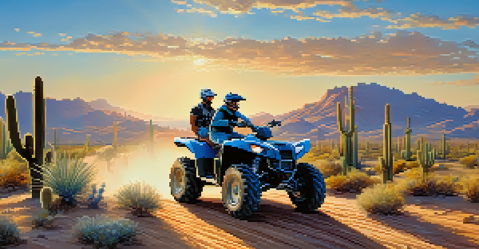 A group of diverse riders on ATVs traversing a sandy trail in Scottsdale's desert, with colorful wildflowers and tall cacti in the background under a clear blue sky.