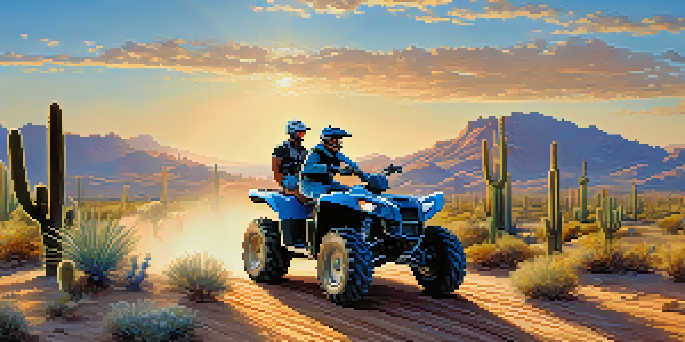 A group of diverse riders on ATVs traversing a sandy trail in Scottsdale's desert, with colorful wildflowers and tall cacti in the background under a clear blue sky.