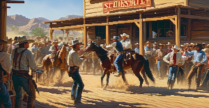 A reenactment of a cowboy gunfight at Scottsdale's Old West Days, with spectators and a rustic saloon in the background.