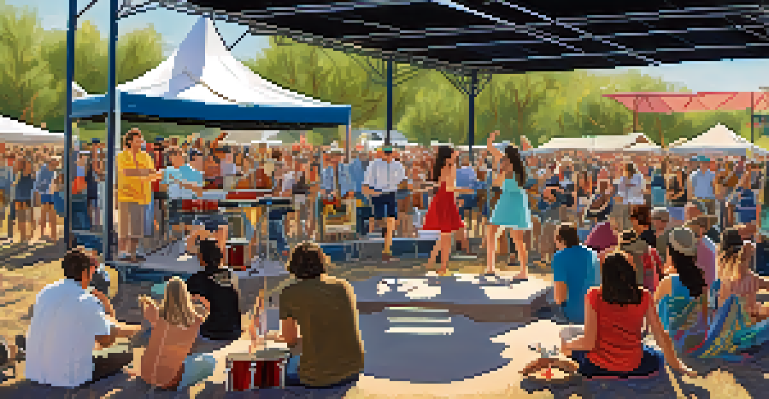 A local band performing at an outdoor festival with a lively audience enjoying the music and colorful decorations in the background.