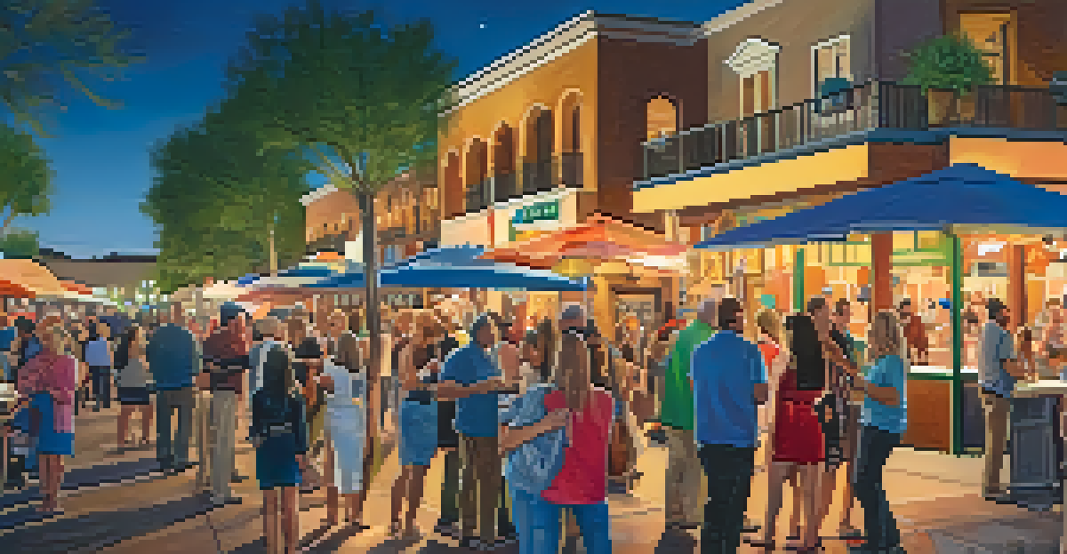 A bustling evening art walk with illuminated galleries, people enjoying music and art in a vibrant atmosphere.