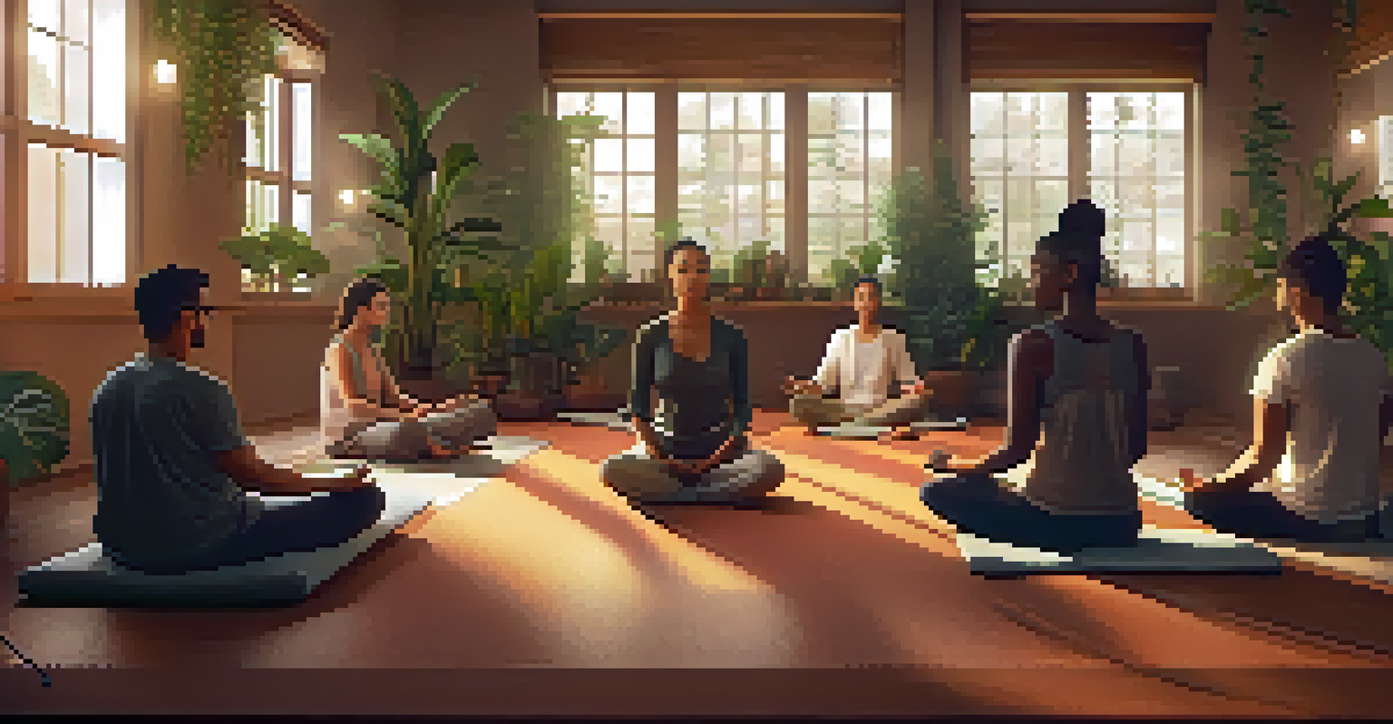 A cozy indoor meditation studio filled with soft cushions, candles, and plants, where people are participating in a guided meditation session.