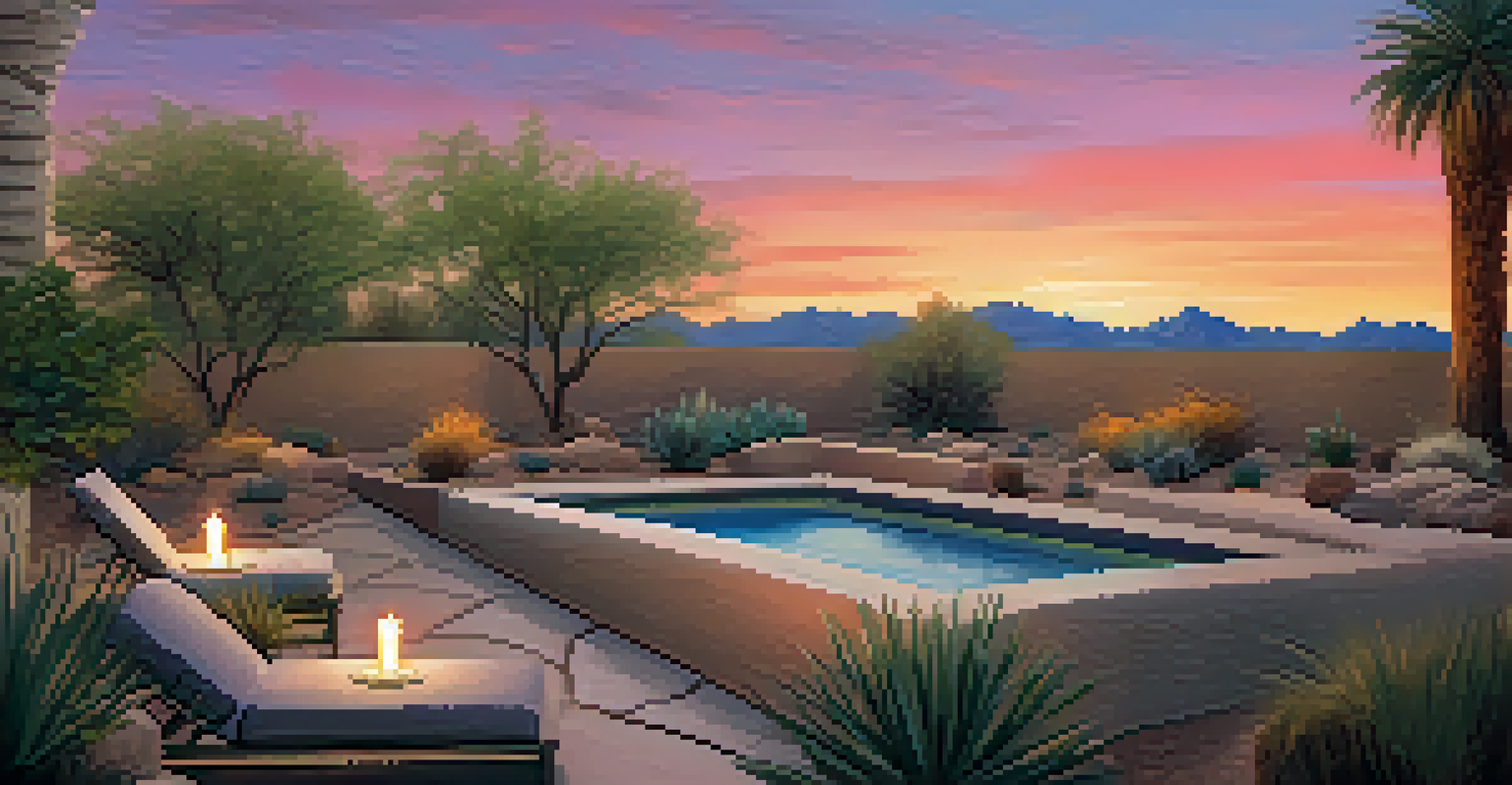 Outdoor meditation area with cushions and blankets, surrounded by desert plants at sunset.