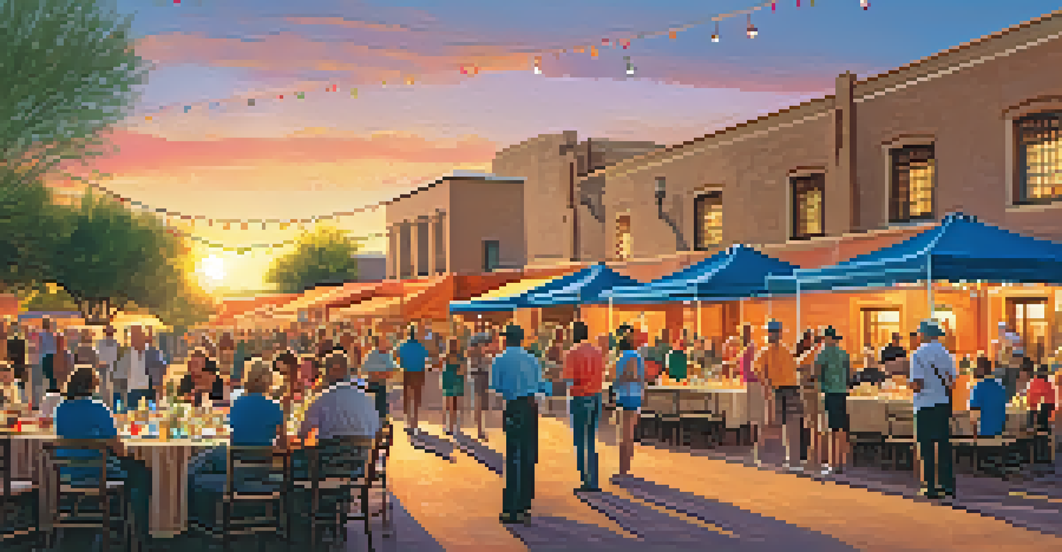 A community event outside a historic building in Scottsdale, with residents interacting under a sunset sky, creating a lively atmosphere.