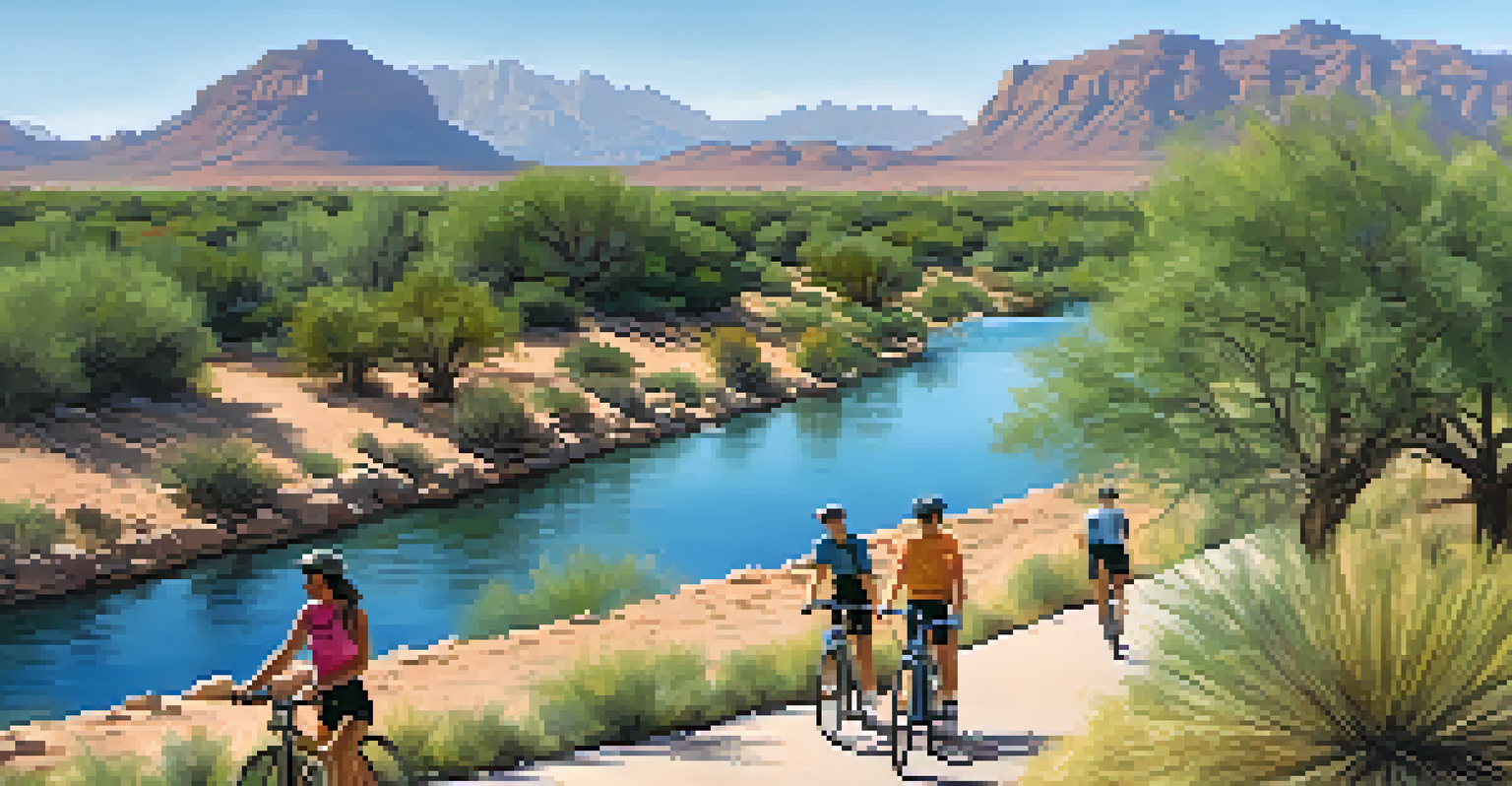 A view of the Arizona Canal Trail with cyclists and walkers amidst greenery and desert mountains.
