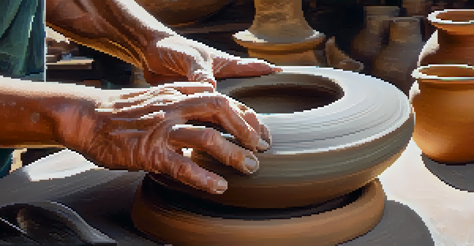 An artisan shaping clay on a potter's wheel, with tools and pottery in the background.