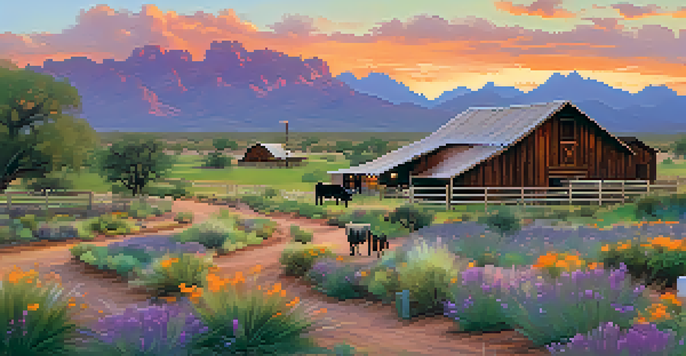 A scenic sunset view of a traditional ranch in Scottsdale, showcasing barns, cattle, and wildflowers.