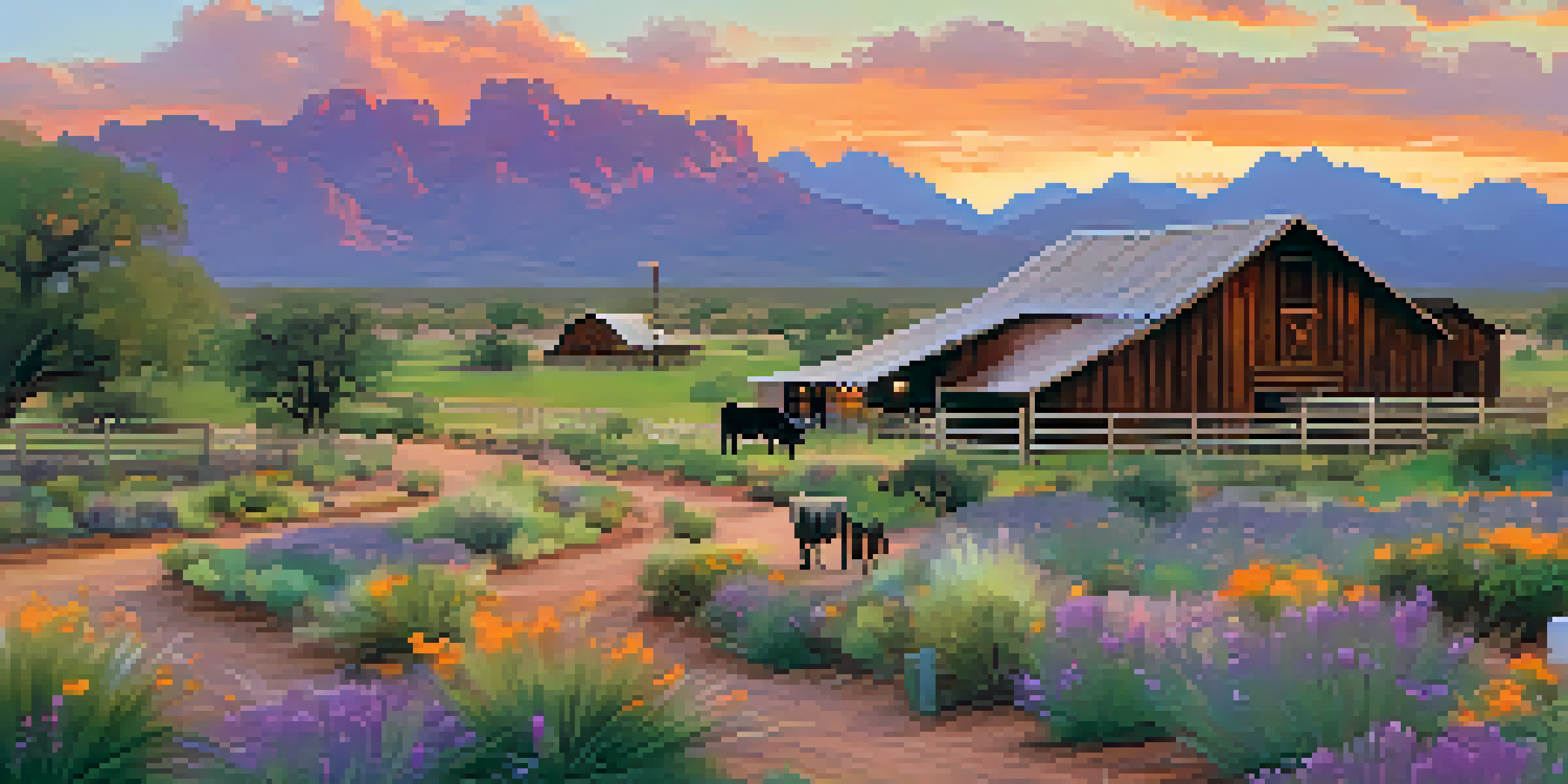 A scenic sunset view of a traditional ranch in Scottsdale, showcasing barns, cattle, and wildflowers.