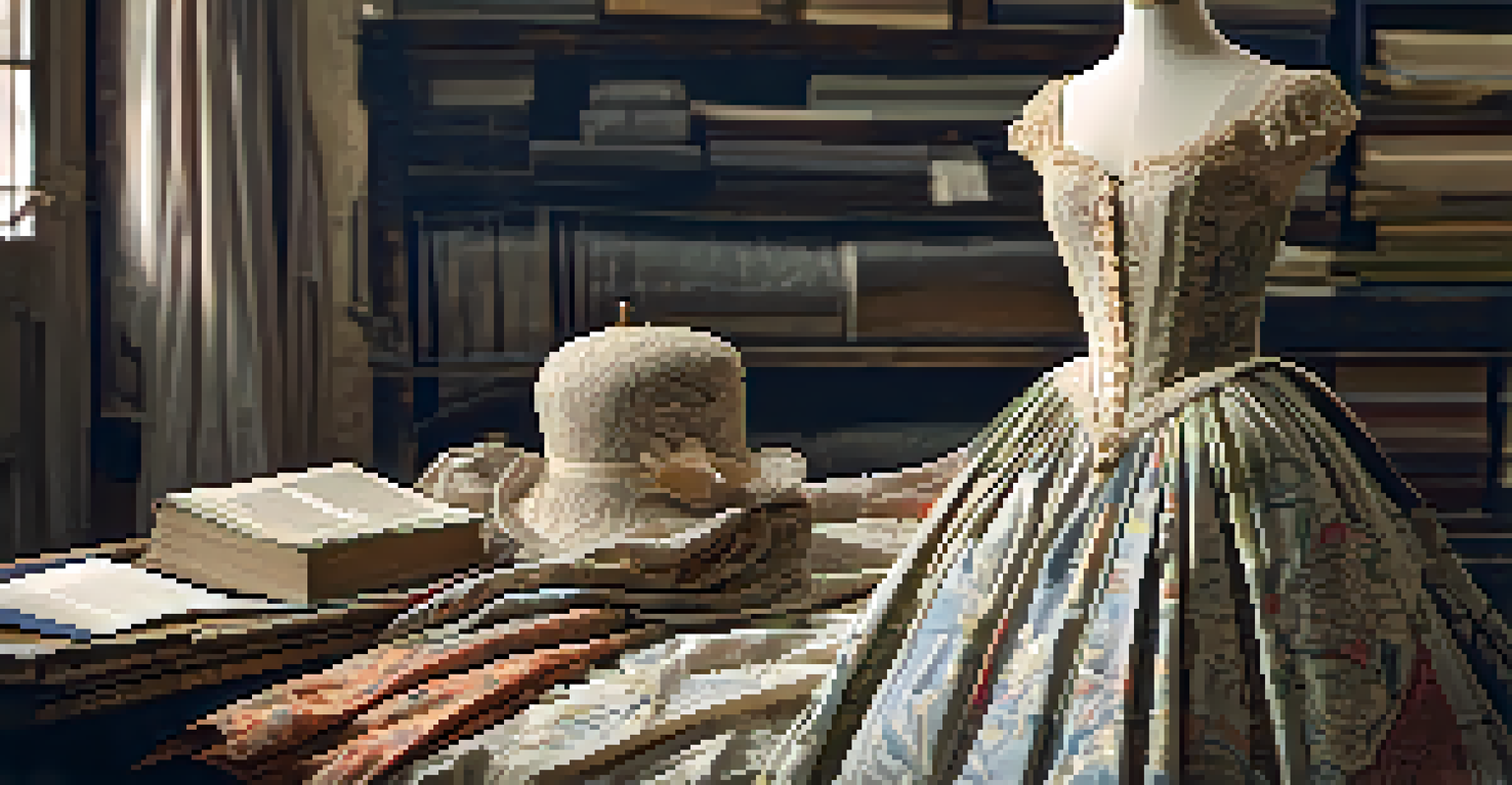 A 19th-century dress on a mannequin in a sewing workshop, surrounded by fabric swatches and sewing tools.