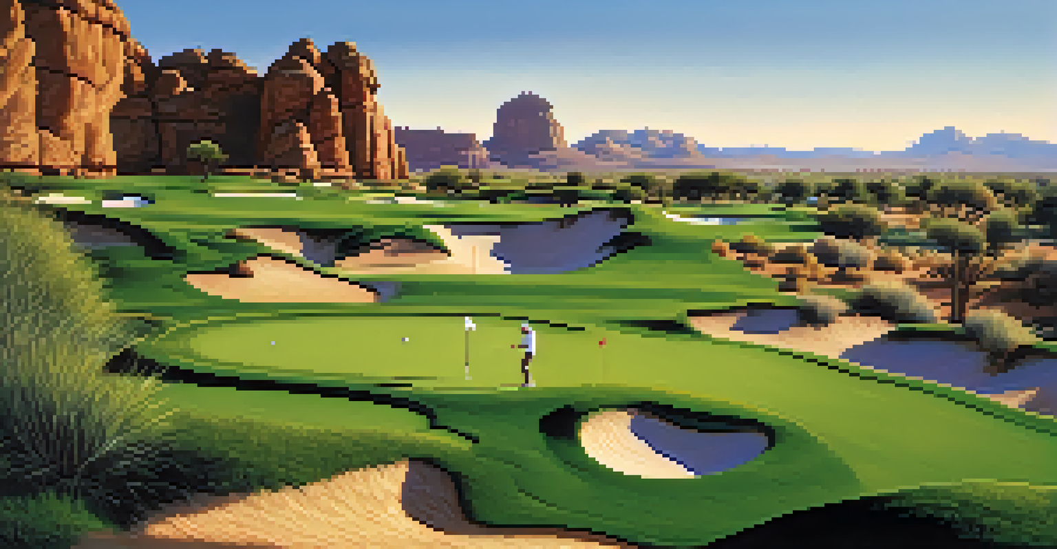 A scenic golf course with green fairways and dramatic rock formations in the desert, featuring a golfer teeing off under a blue sky.