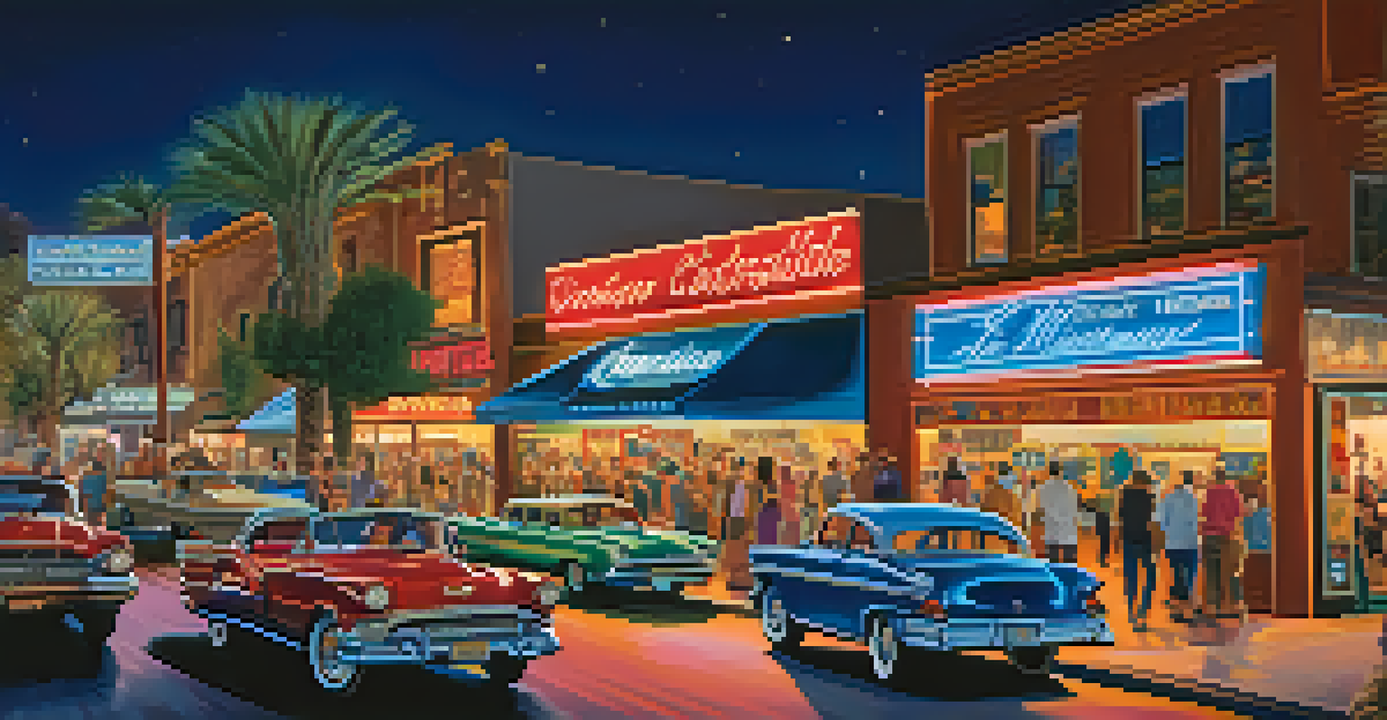 A lively scene of Old Town Scottsdale at night, showcasing neon signs and light trails from moving cars against a blue sky.