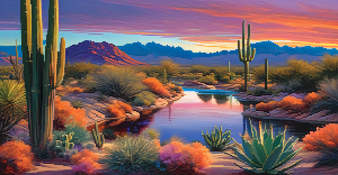 A tranquil desert scene at sunset with a river, colorful sky, and illuminated cacti.