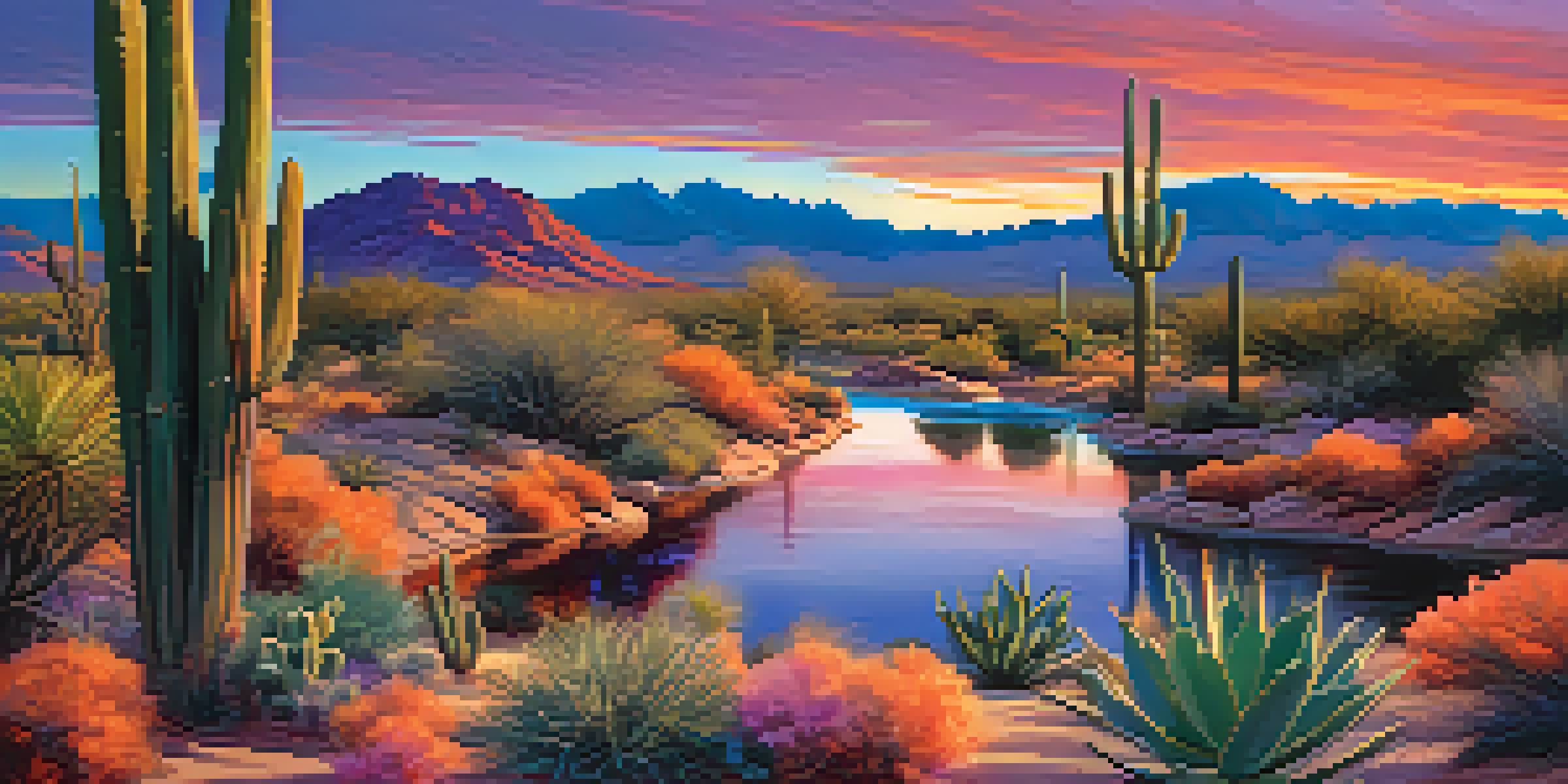 A tranquil desert scene at sunset with a river, colorful sky, and illuminated cacti.