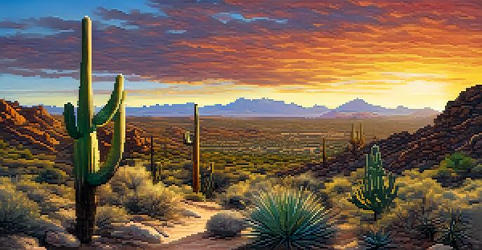 A scenic sunset view of the McDowell Sonoran Preserve with cacti and rocky formations, and a trail leading into the landscape.