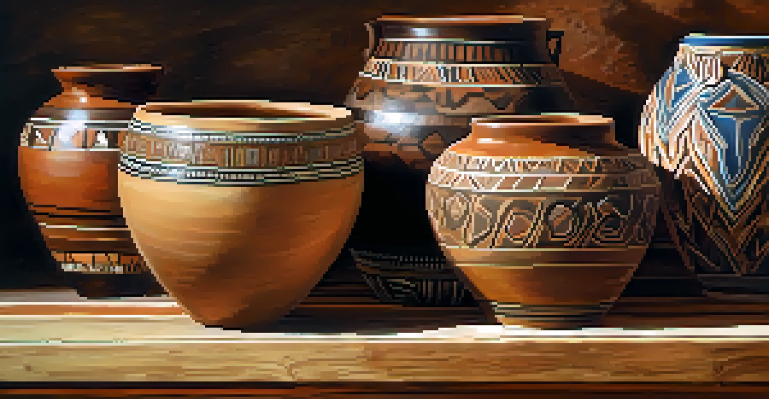 A close-up view of a Native American pottery piece with detailed designs on a wooden table.