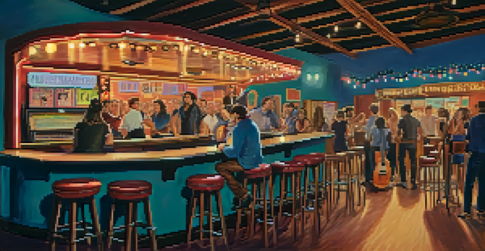 A vibrant scene of a 1960s music venue in Scottsdale with musicians performing and a lively audience, warm lighting, and vintage decor.