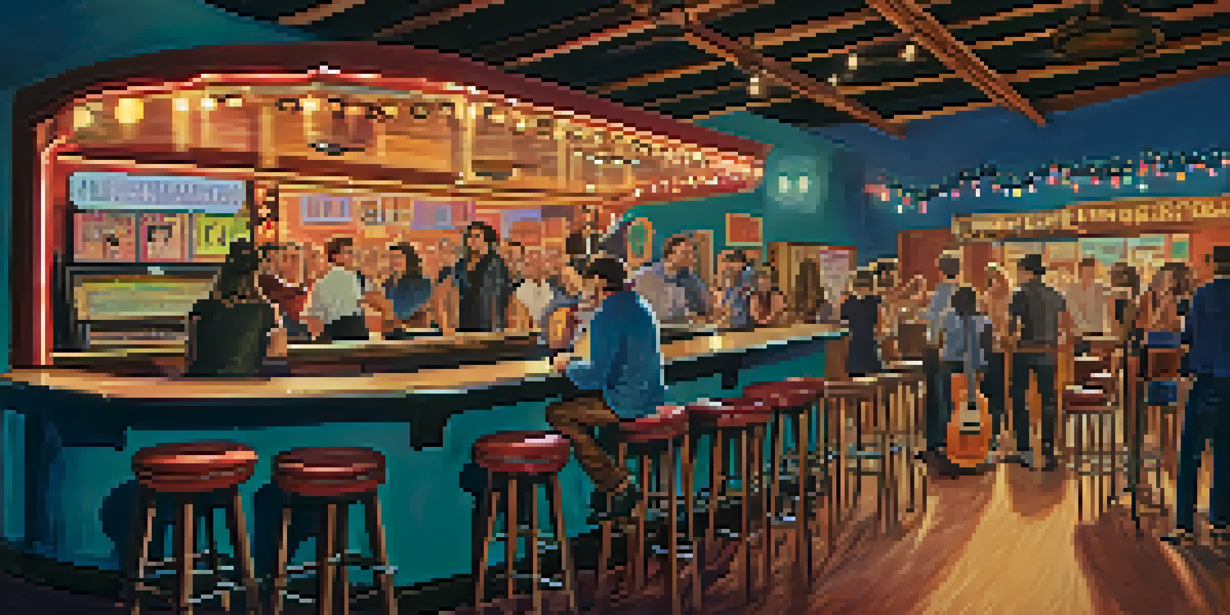 A vibrant scene of a 1960s music venue in Scottsdale with musicians performing and a lively audience, warm lighting, and vintage decor.