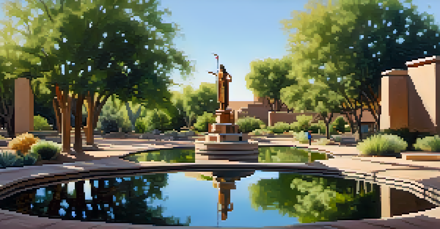 A peaceful scene of Scottsdale Indian School Park with sculptures celebrating Native American heritage, surrounded by greenery and visitors enjoying the space.