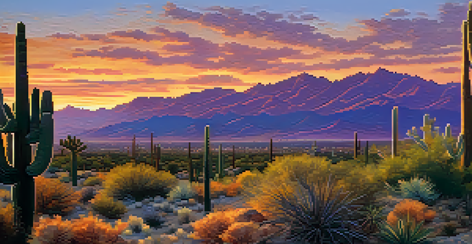 A scenic sunset over Scottsdale's desert landscape with silhouetted cacti and distant mountains.
