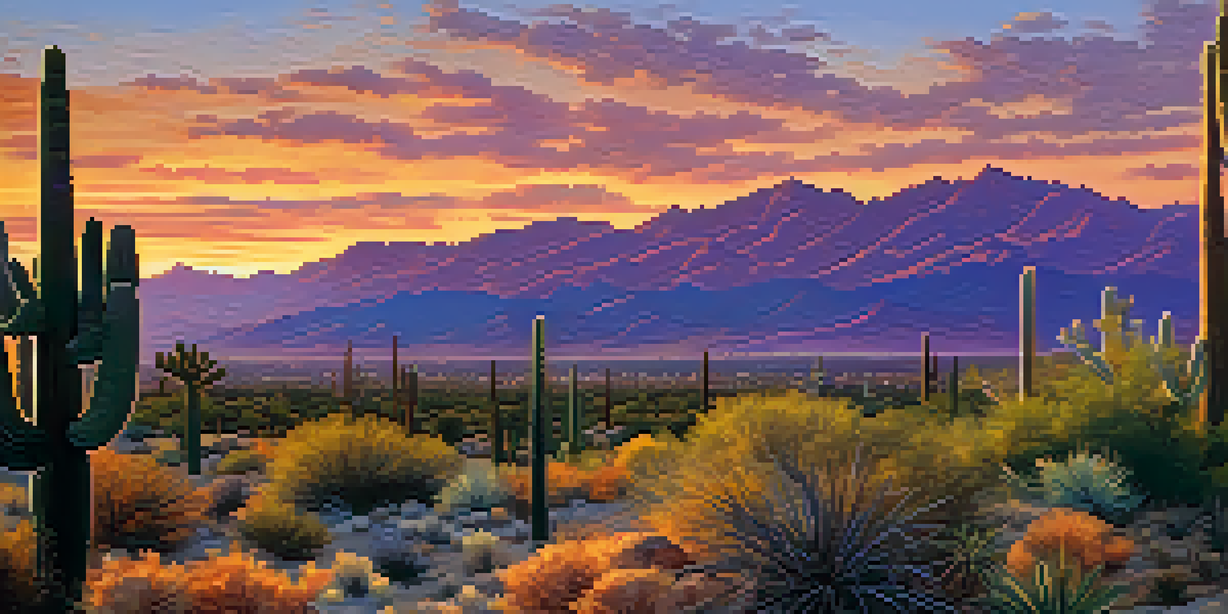 A scenic sunset over Scottsdale's desert landscape with silhouetted cacti and distant mountains.